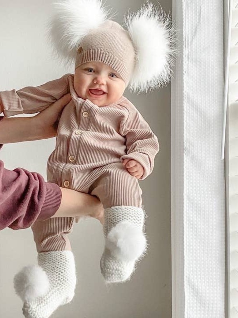 Petite Maison Kids Double Pom Pom Knit Hat in Blush Tan